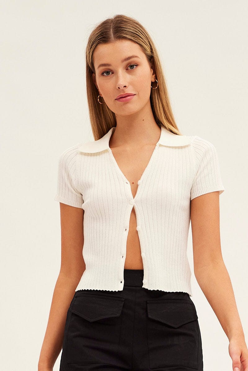 White Collar Knit Crop Cardigan Short Sleeve for Ally Fashion