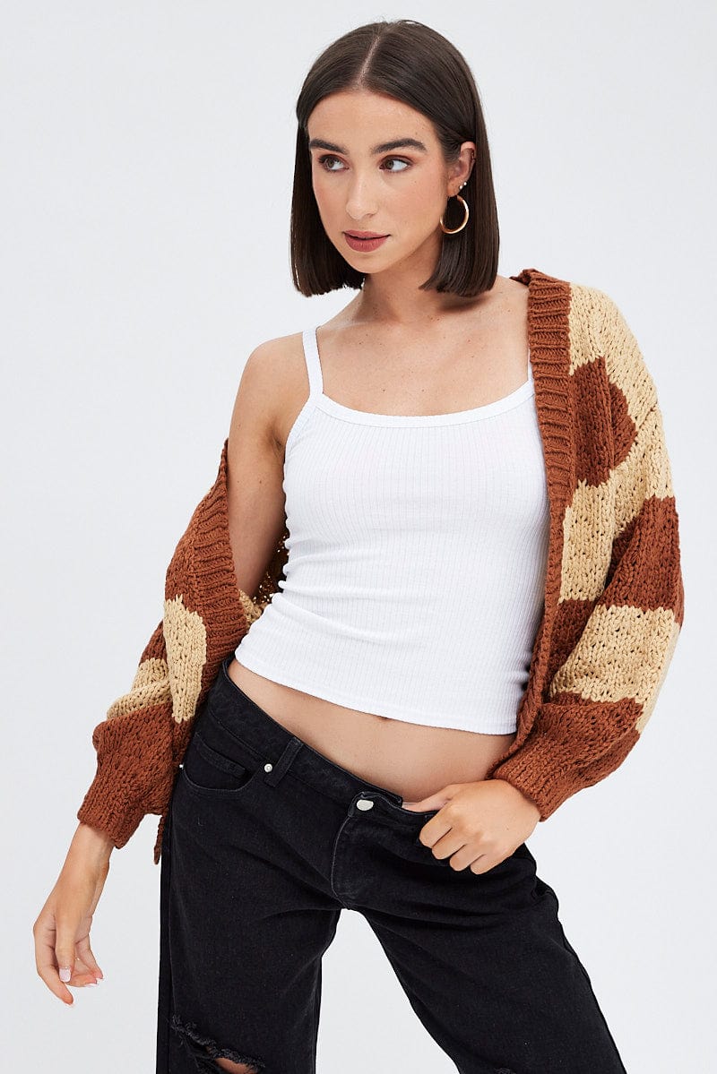 Beige Stripe Oversized Crop Cardigan for Ally Fashion