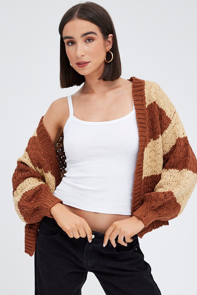 Beige Stripe Oversized Crop Cardigan for Ally Fashion