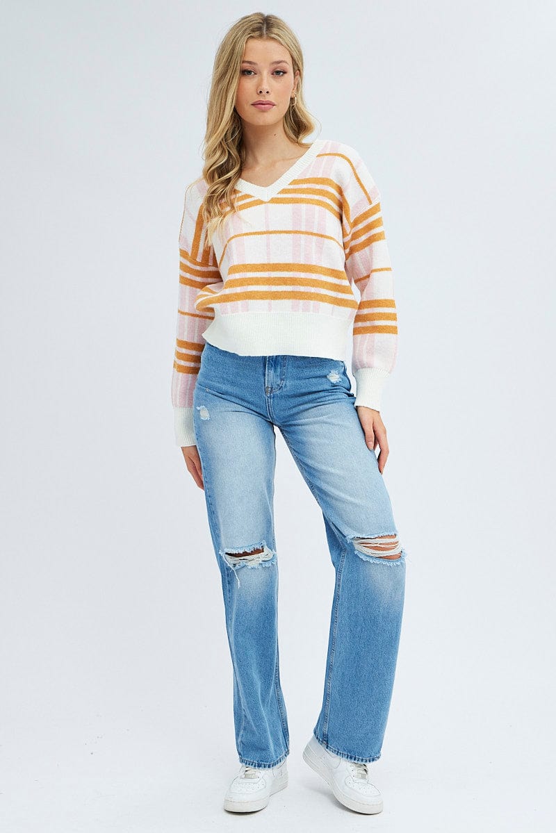 Check Knit Top Long Sleeve Round Neck for Ally Fashion