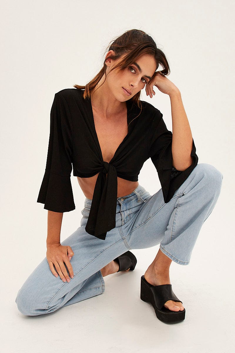 Black Crop Cardigan Tie Up for Ally Fashion