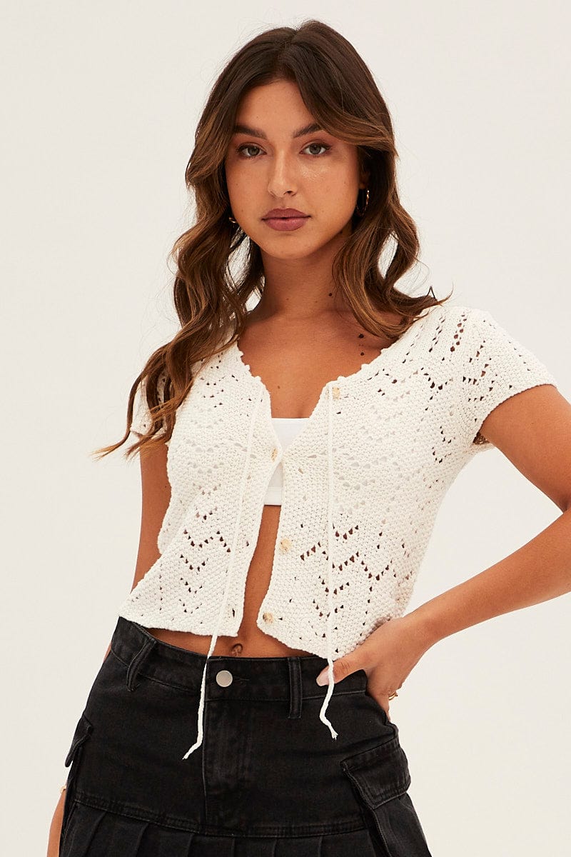 White Knit Cardigan Short Sleeve for Ally Fashion