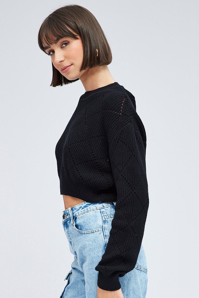 Black Knit Jumper Long Sleeve Crew Neck for Ally Fashion