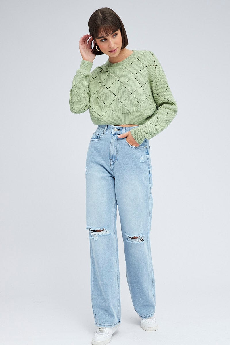 Green Knit Jumper Long Sleeve Crew Neck for Ally Fashion