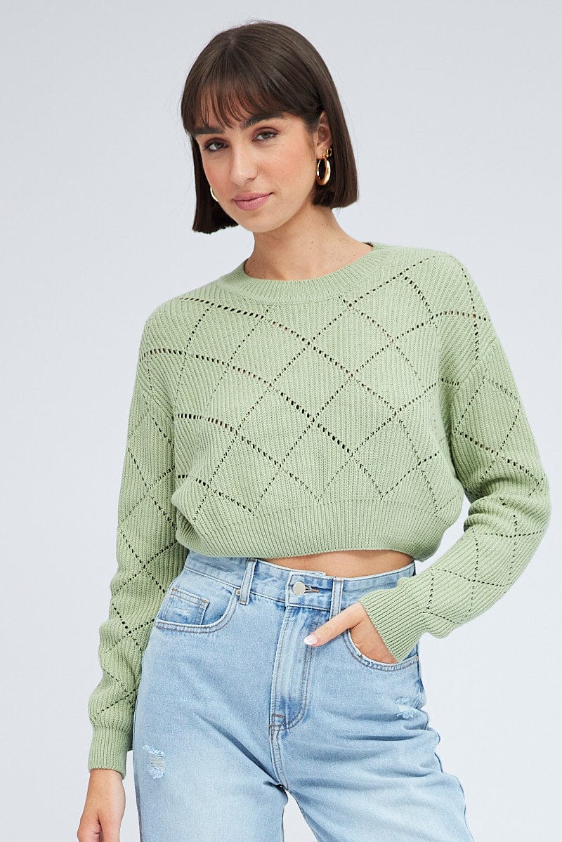 Green Knit Jumper Long Sleeve Crew Neck for Ally Fashion