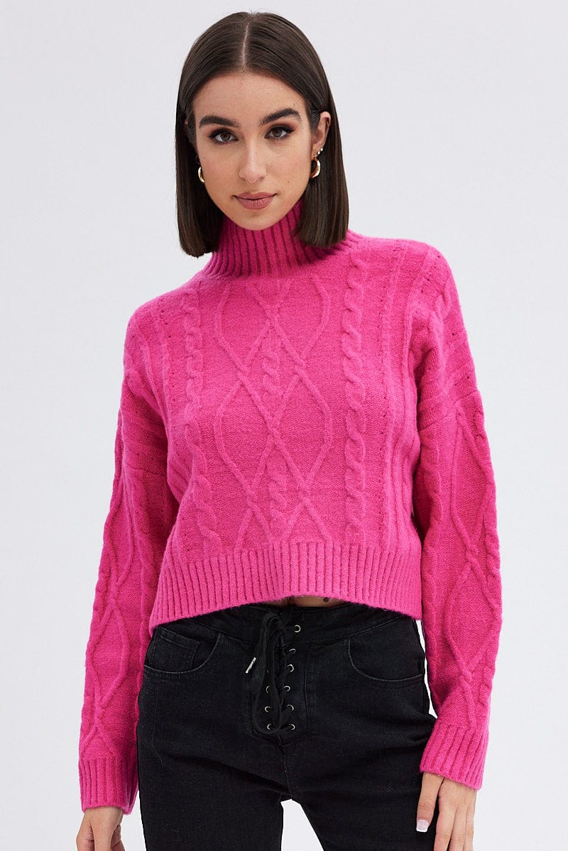 Knitted Jumper Bright Pink Jumper Womens Pink Cable Knit Jumper