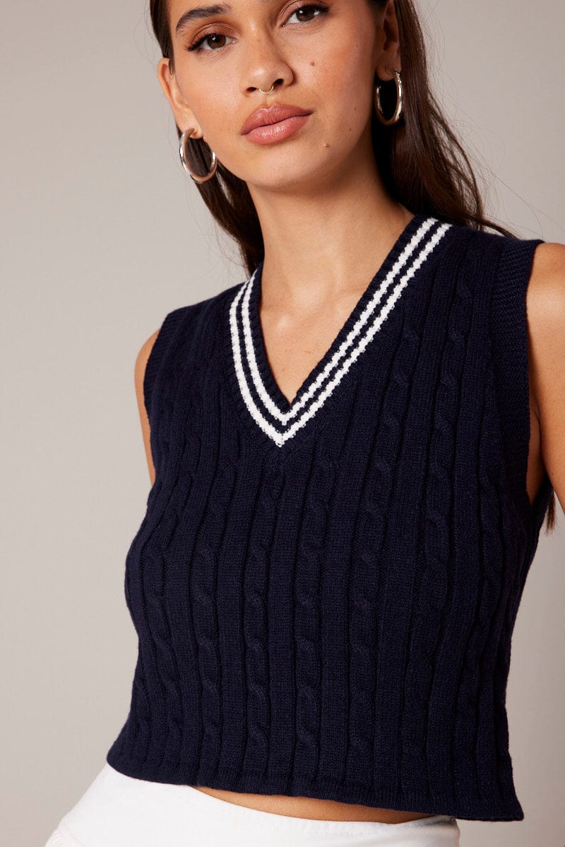 Blue Knit Vest V Neck for Ally Fashion