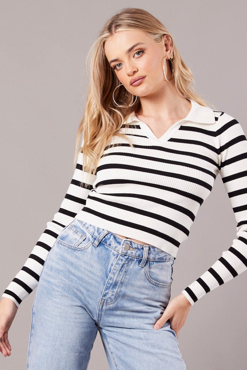 White Stripe Knit Top Long Sleeve Collared for Ally Fashion