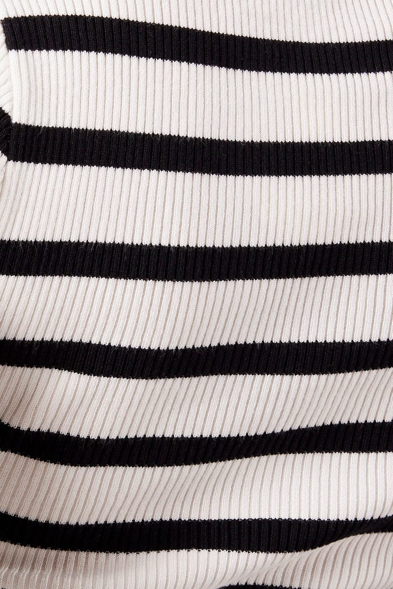 White Stripe Knit Top Long Sleeve Collared for Ally Fashion