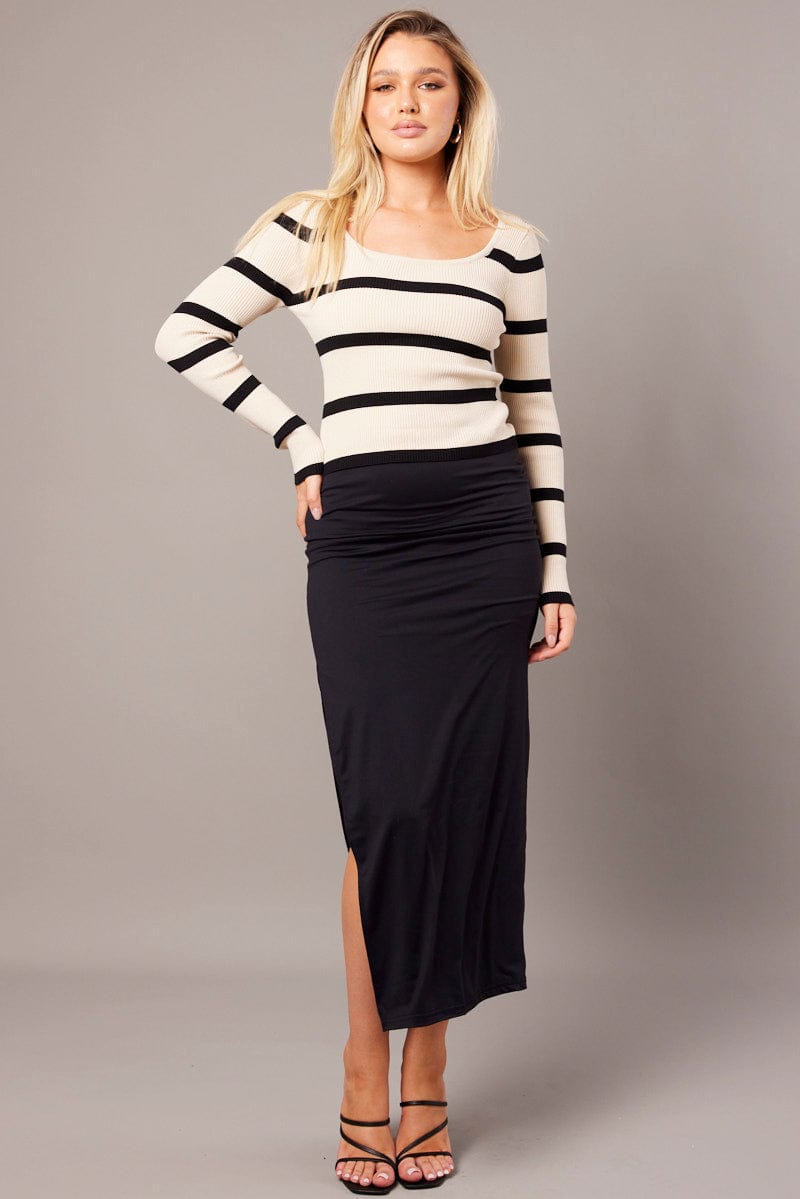 Beige Stripe Knit Top Long Sleeve Scoop Neck for Ally Fashion