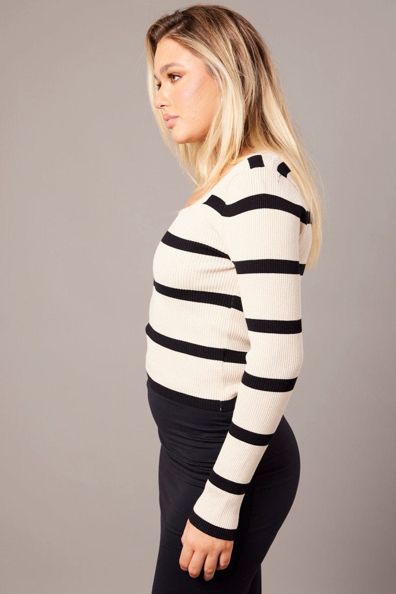 Beige Stripe Knit Top Long Sleeve Scoop Neck for Ally Fashion