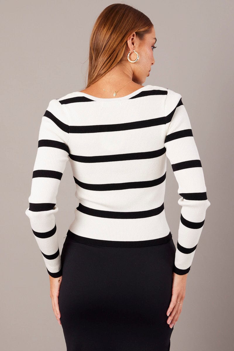 White Stripe Knit Top Long Sleeve Scoop Neck for Ally Fashion