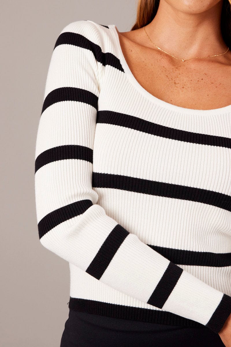 White Stripe Knit Top Long Sleeve Scoop Neck for Ally Fashion