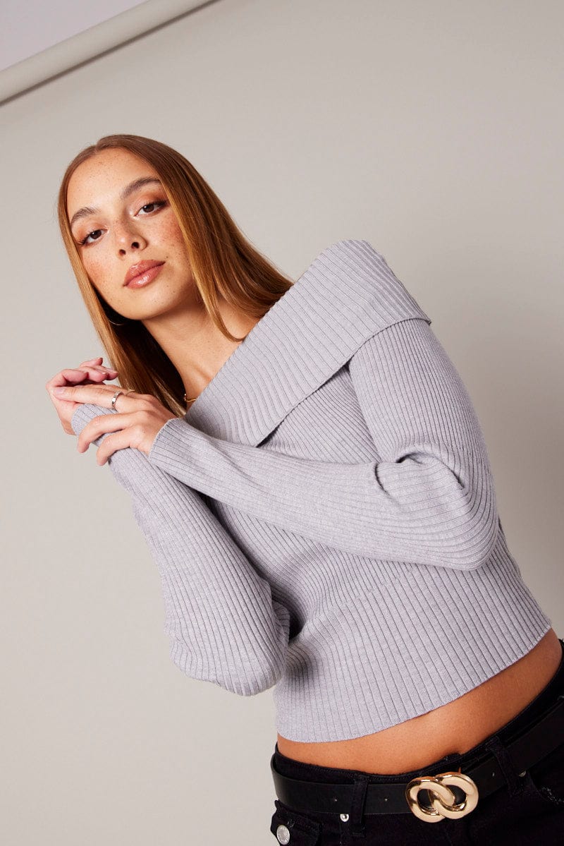 Grey Knit Top Long Sleeve Off Shoulder for Ally Fashion