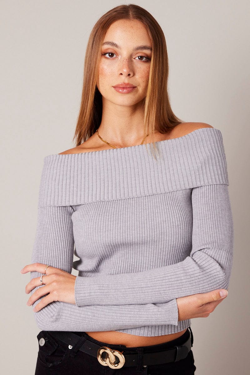 Grey Knit Top Long Sleeve Off Shoulder for Ally Fashion