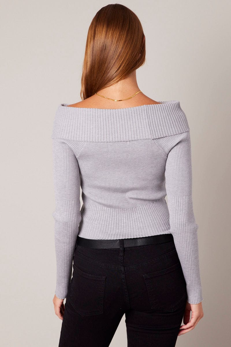 Grey Knit Top Long Sleeve Off Shoulder for Ally Fashion