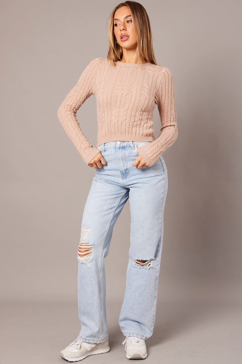 Beige Cable Knit Top Long Sleeve Ally Fashion
