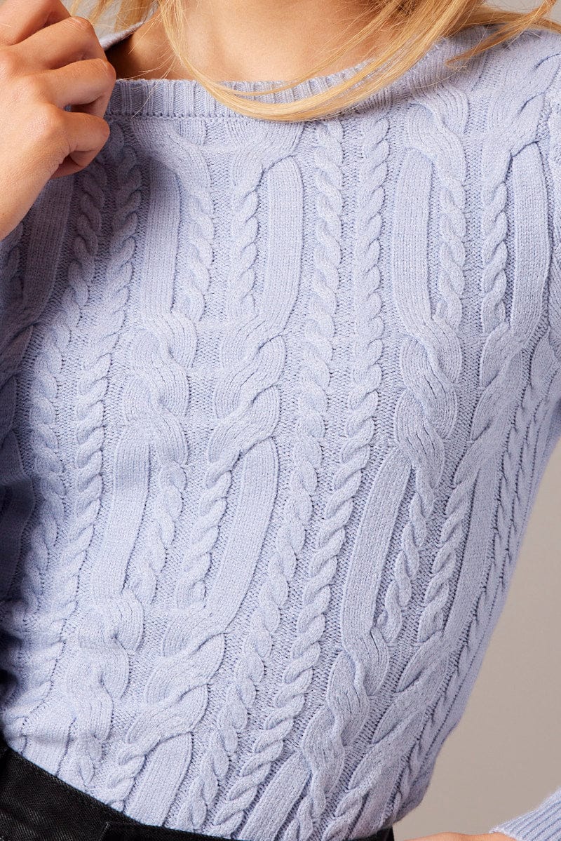 Blue Cable Knit Top Long Sleeve for Ally Fashion