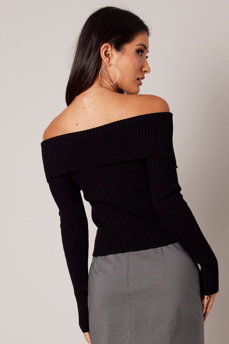 Black Off Shoulder Knit Top Long Sleeve Ally Fashion