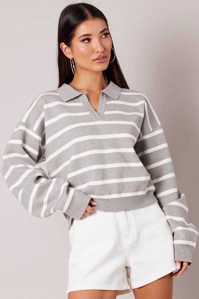 Grey Stripe Knit Top Long Sleeve Collar for Ally Fashion