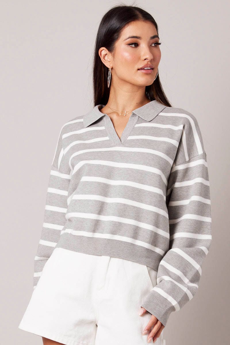 Grey Stripe Knit Top Long Sleeve Collar for Ally Fashion