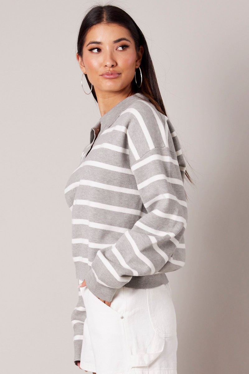 Grey Stripe Knit Top Long Sleeve Collar for Ally Fashion