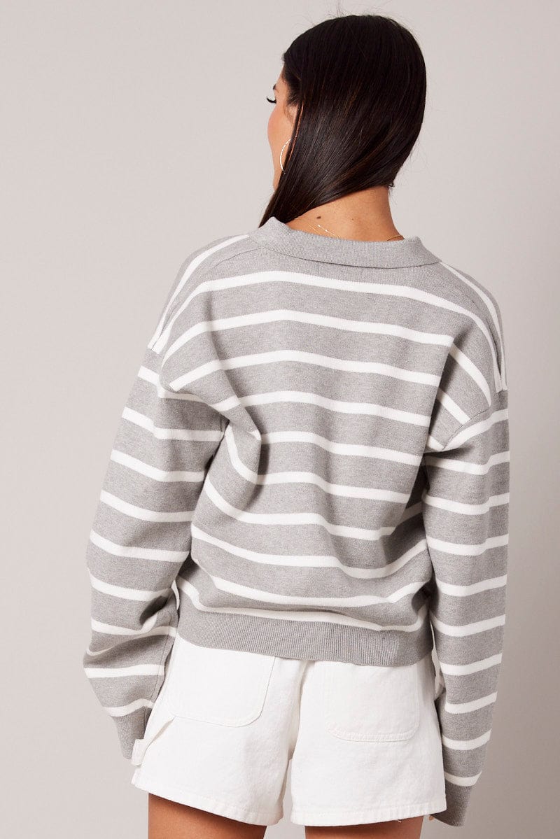 Grey Stripe Knit Top Long Sleeve Collar for Ally Fashion