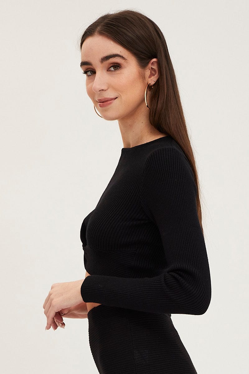 Black Knit Top Long Sleeve Crop for Ally Fashion