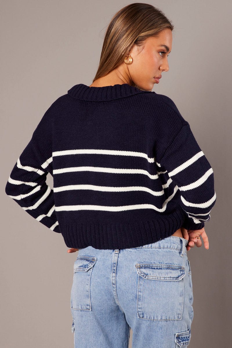 Blue Stripe Knit Top Long Sleeve Collared Jumper for Ally Fashion