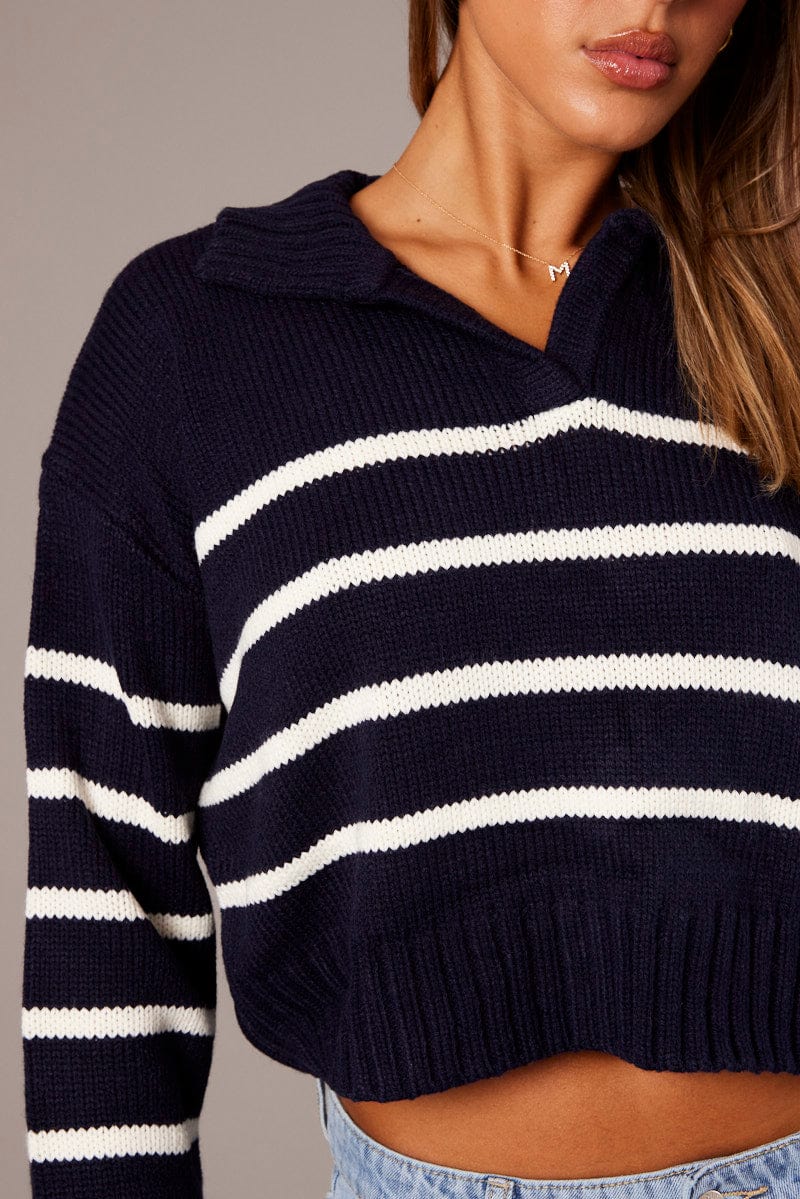 Blue Stripe Knit Top Long Sleeve Collared Jumper for Ally Fashion