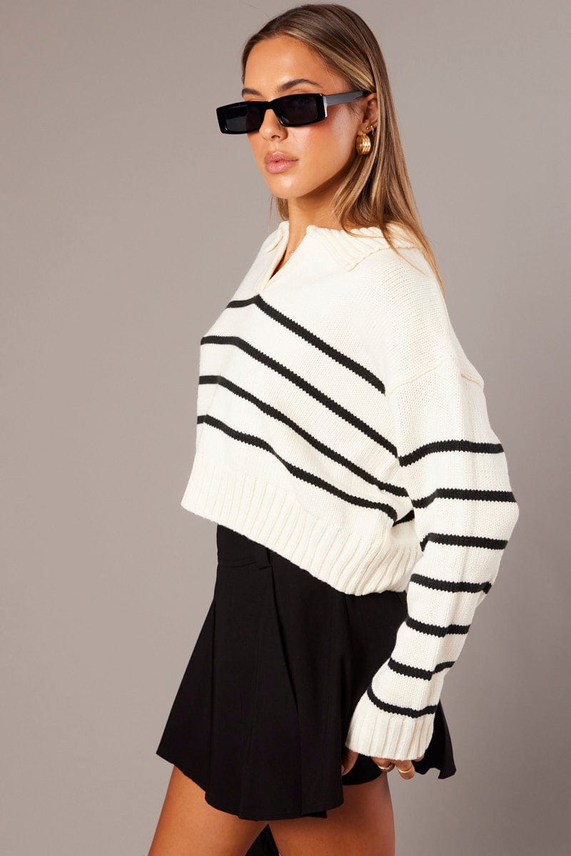 White Stripe Knit Top Long Sleeve Collared Jumper for Ally Fashion