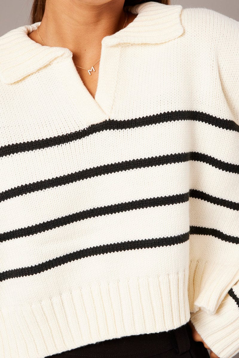 White Stripe Knit Top Long Sleeve Collared Jumper for Ally Fashion