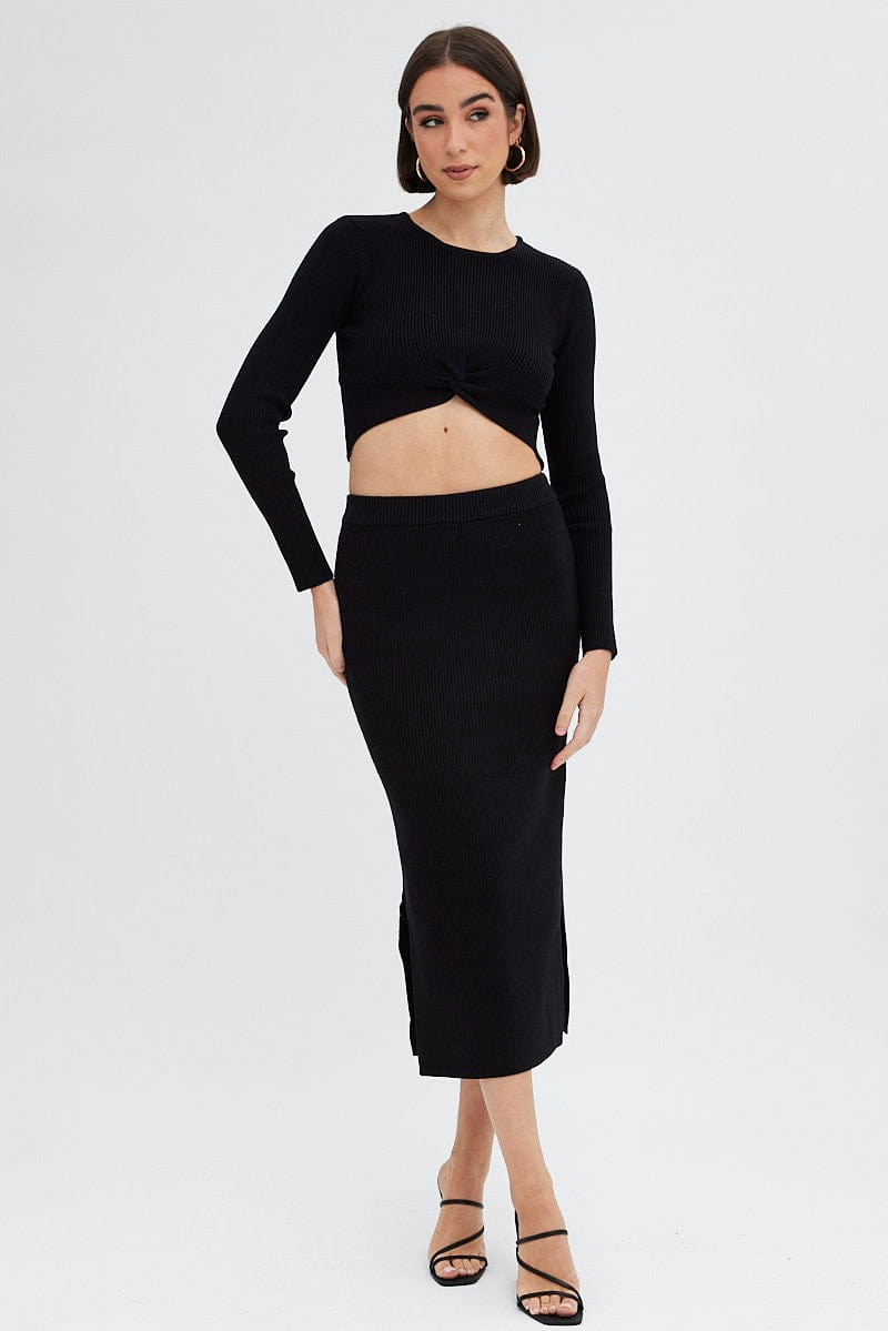 Black Knit Top Long Sleeve Front Knot Detail Crop for Ally Fashion