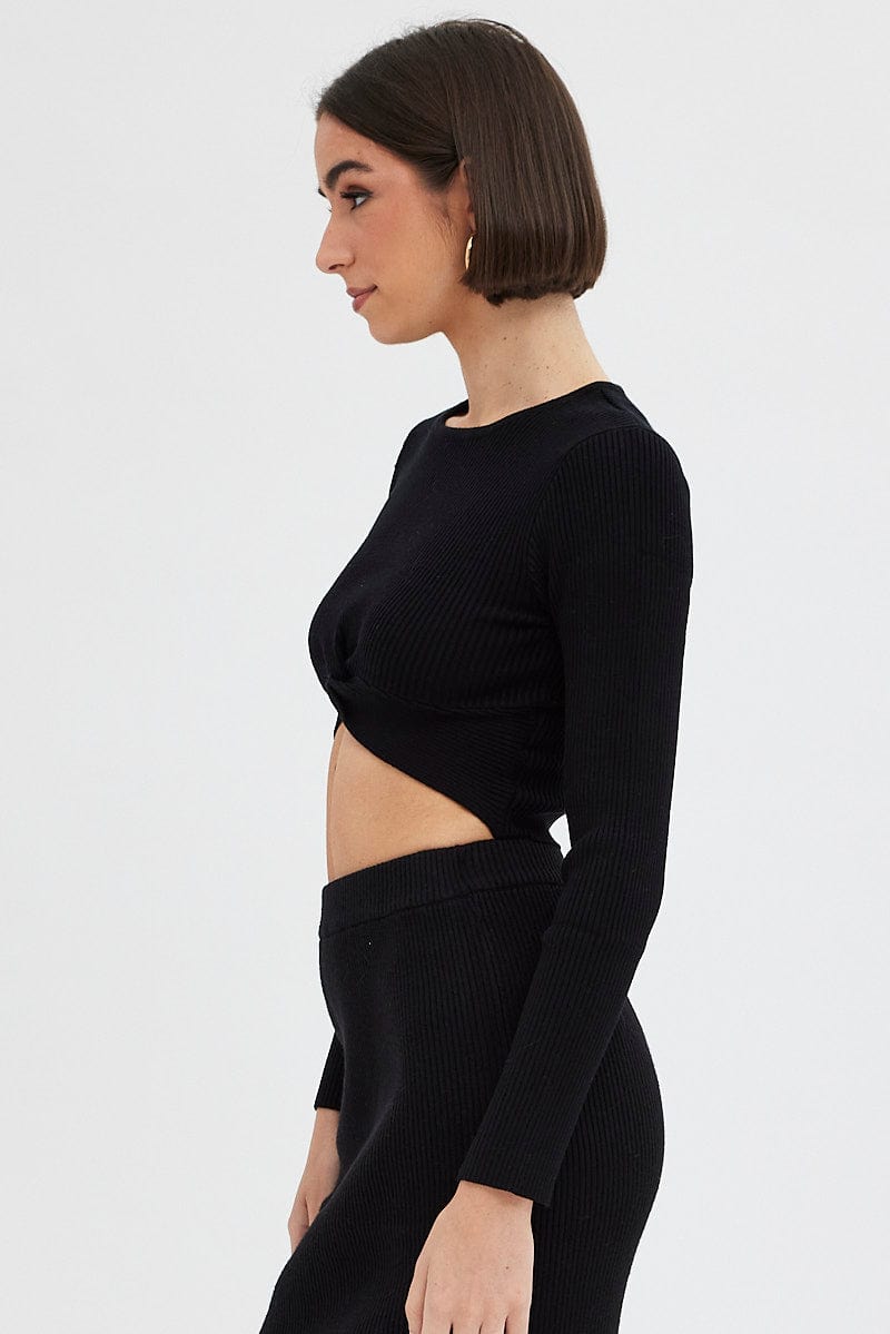 Black Knit Top Long Sleeve Front Knot Detail Crop for Ally Fashion