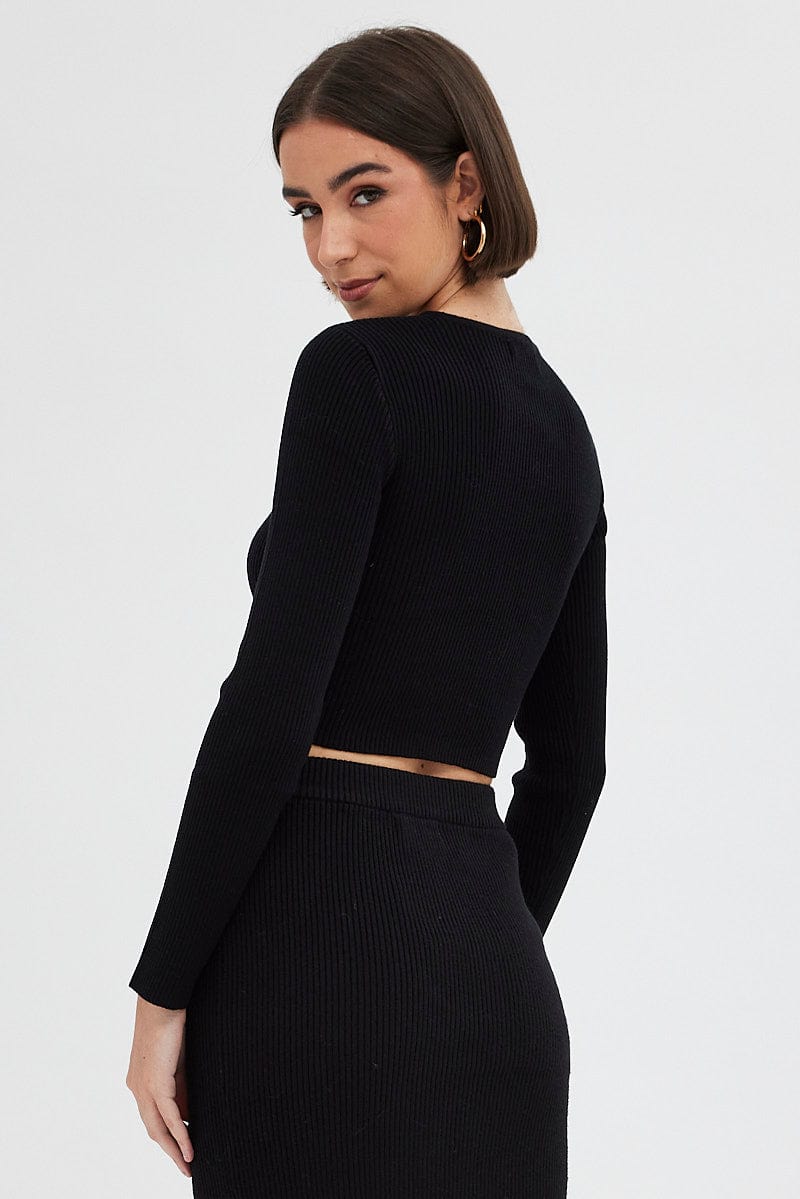 Black Knit Top Long Sleeve Front Knot Detail Crop for Ally Fashion