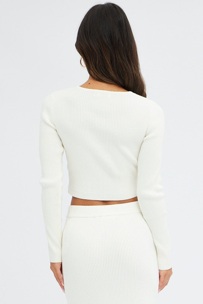White Knit Top Long Sleeve Front Knot Detail Crop for Ally Fashion