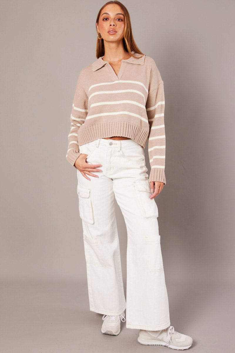Beige Stripe Knit Top Long Sleeve Collared Jumper for Ally Fashion