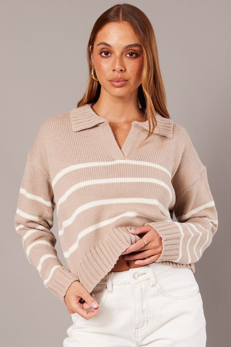 Beige Stripe Knit Top Long Sleeve Collared Jumper for Ally Fashion