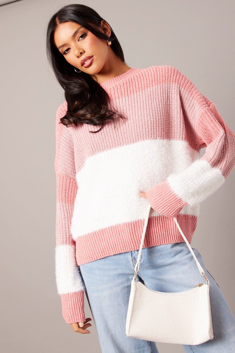 Pink Stripe Knit Top Long Sleeve Color Block for Ally Fashion