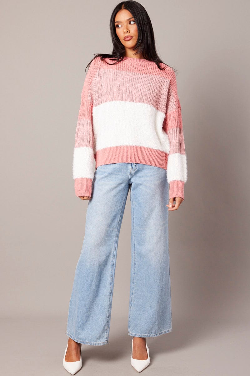 Pink Stripe Knit Top Long Sleeve Color Block for Ally Fashion