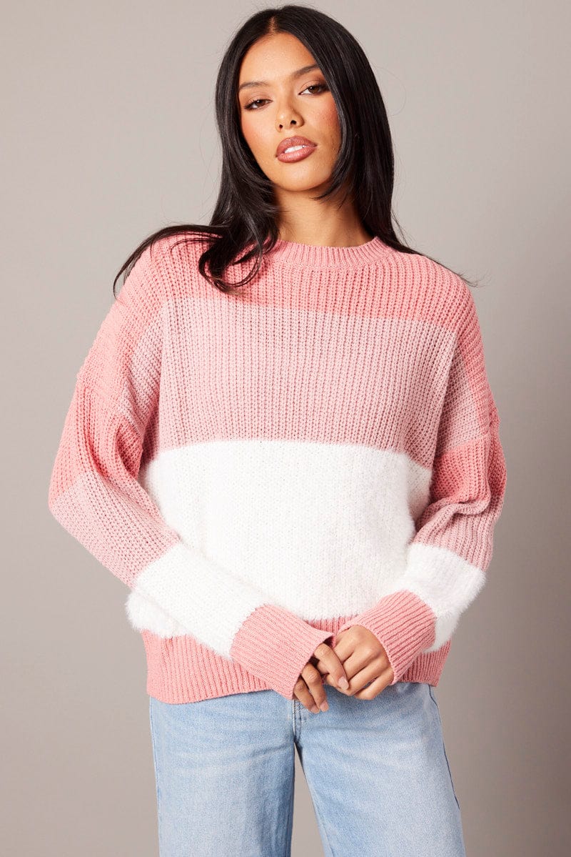 Pink Stripe Knit Top Long Sleeve Color Block for Ally Fashion