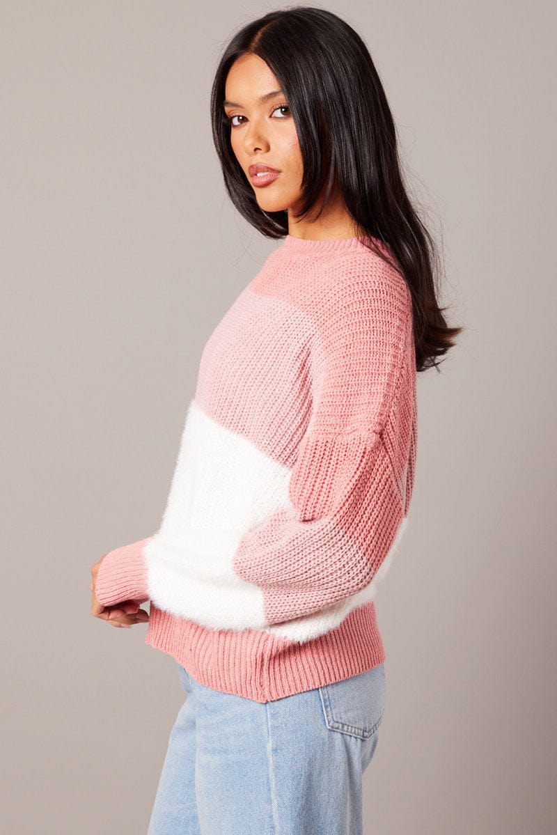 Pink Stripe Knit Top Long Sleeve Color Block for Ally Fashion