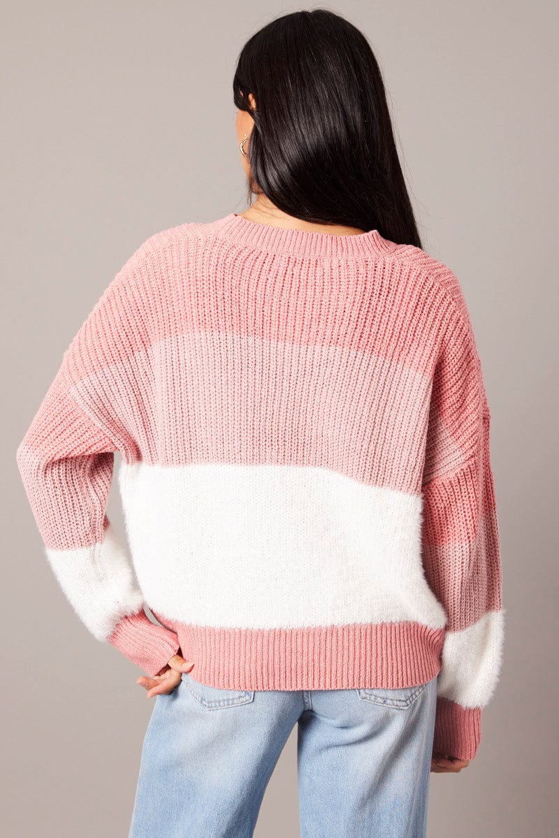 Pink Stripe Knit Top Long Sleeve Color Block for Ally Fashion