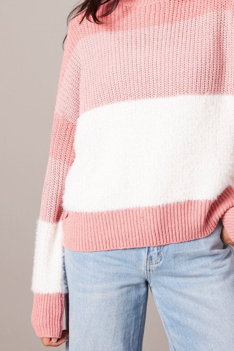 Pink Stripe Knit Top Long Sleeve Color Block for Ally Fashion