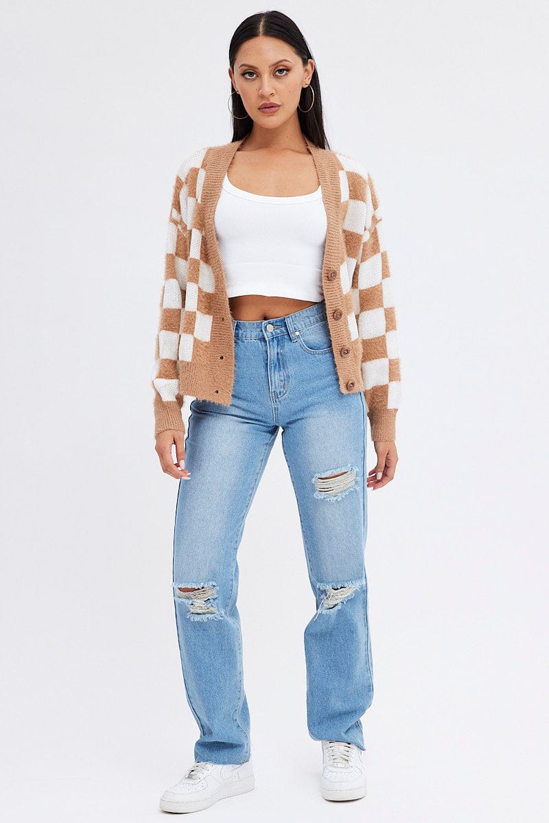 Beige Check Oversized Cardigan for Ally Fashion