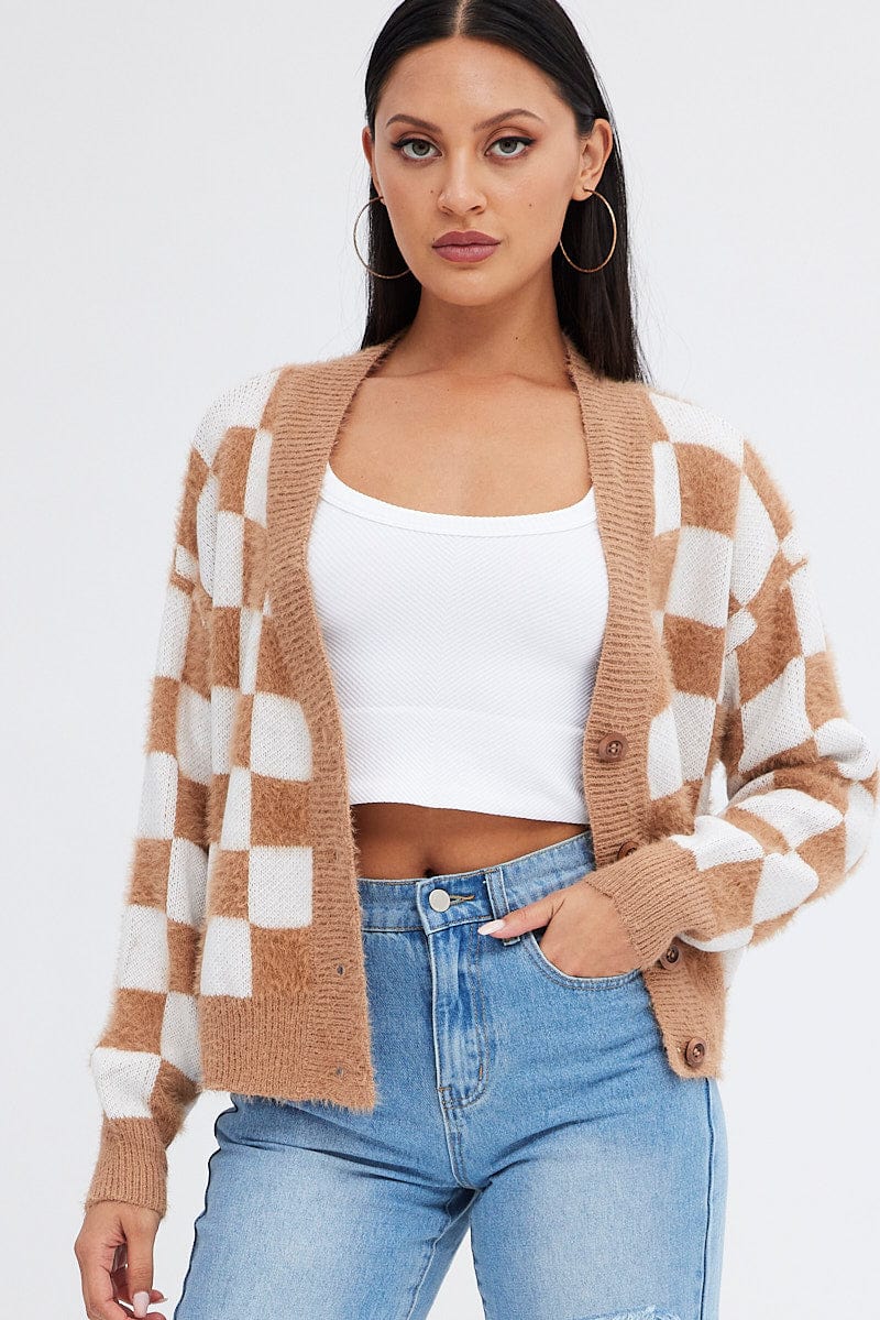 Beige Check Oversized Cardigan for Ally Fashion