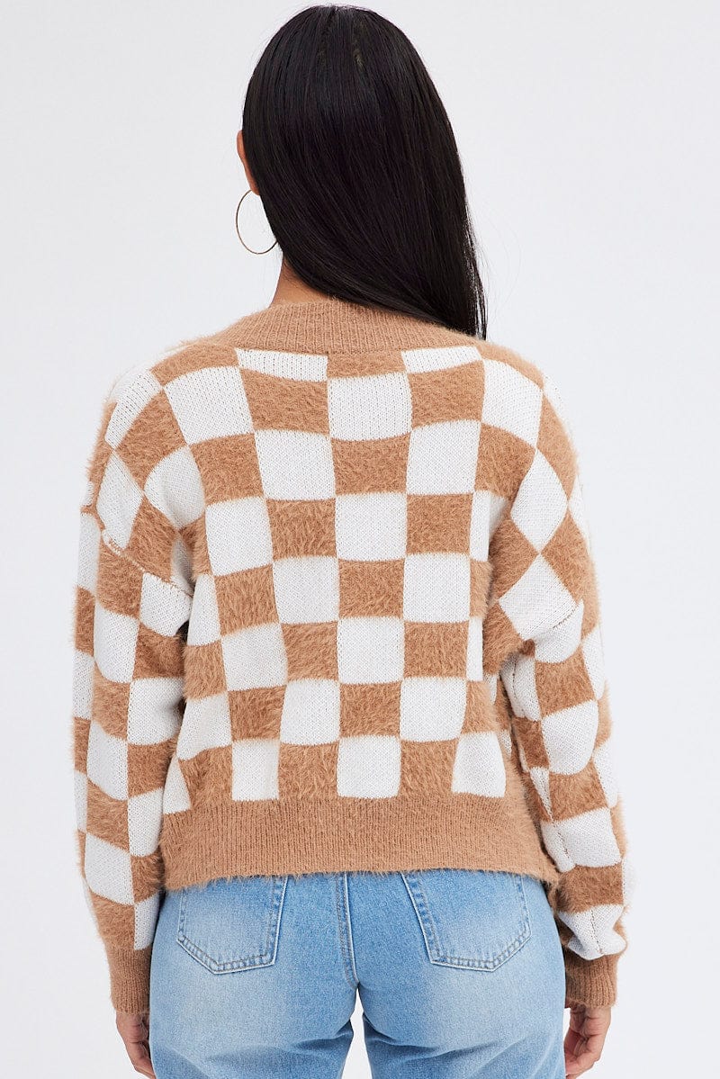 Beige Check Oversized Cardigan for Ally Fashion