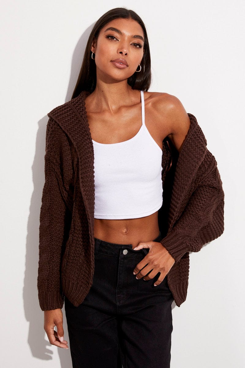 Brown Hooded Cable Knit Cardigan for Ally Fashion