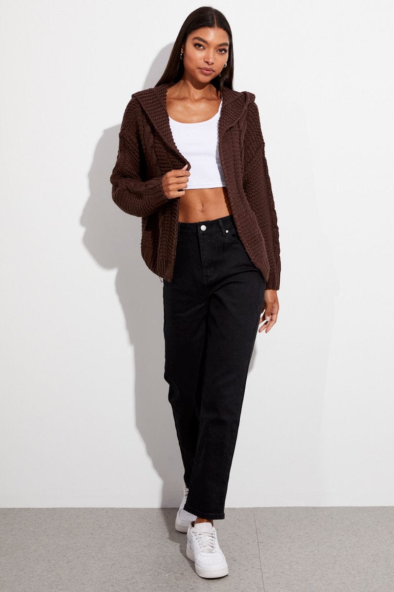 Brown Hooded Cable Knit Cardigan for Ally Fashion