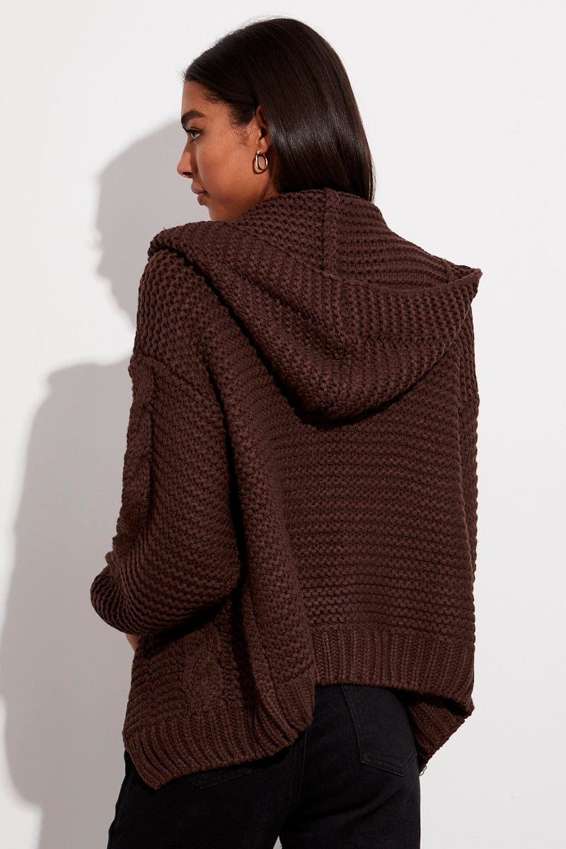 Brown Hooded Cable Knit Cardigan for Ally Fashion